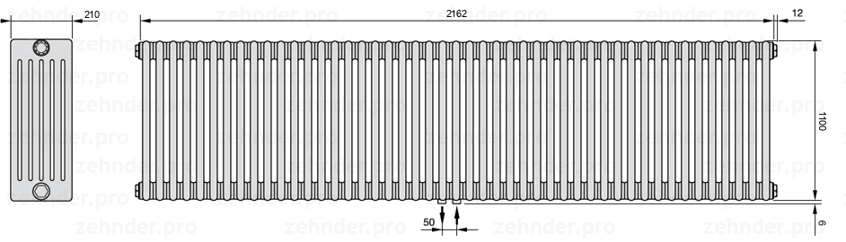 Схема (чертеж) Радиатор Zehnder Charleston 6110/47 №5410 Белый глянцевый RAL 9016